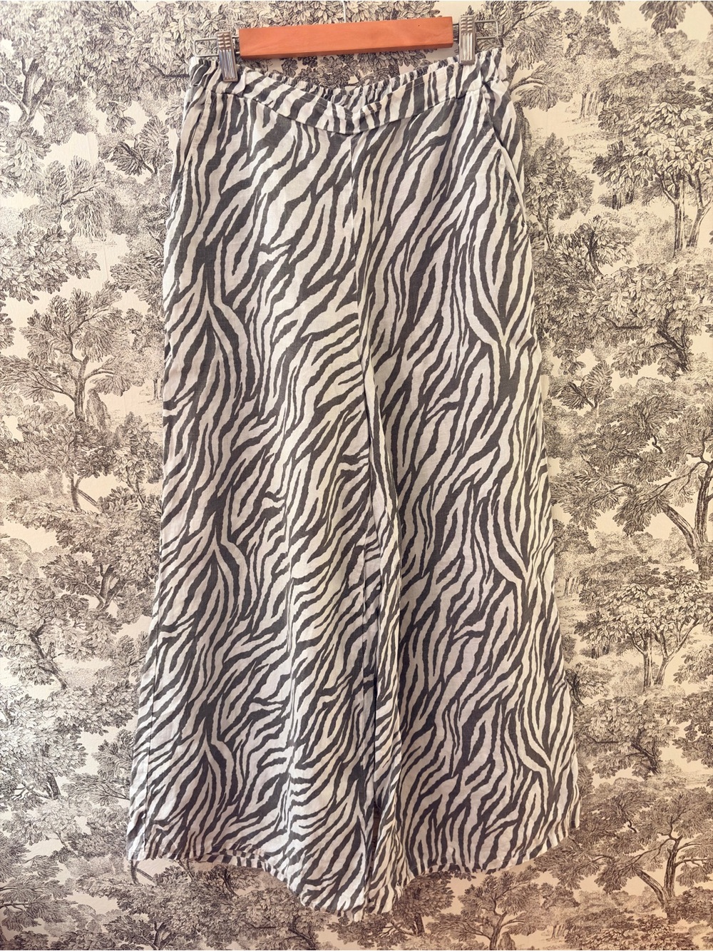 Match Point Wide Leg Linen Palazzo Pants Zebra Print Elastic Waist Large